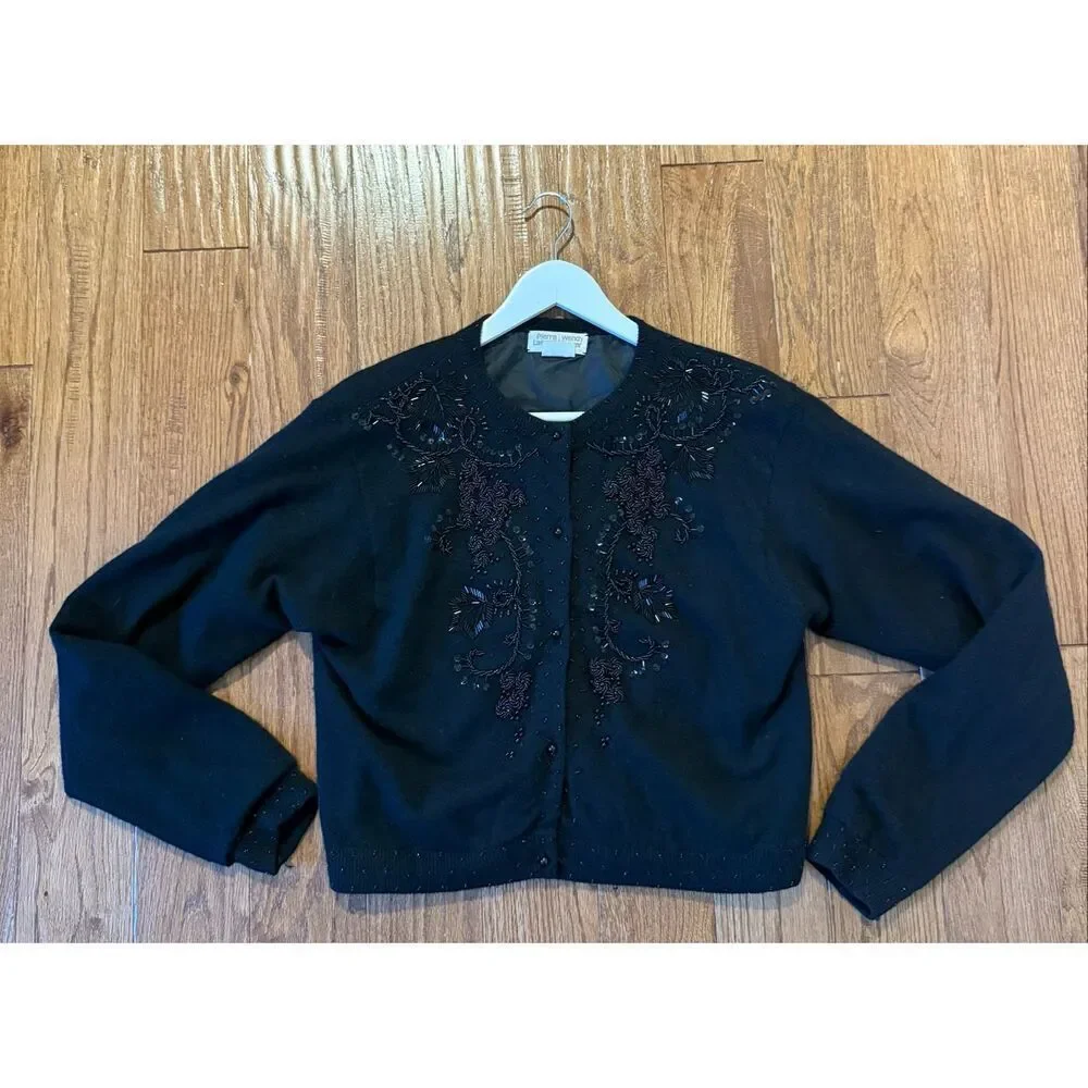 Pierre Lefond Wendy Foster Vintage black wool angora beaded cardigan sweater M - Picture 11 of 12